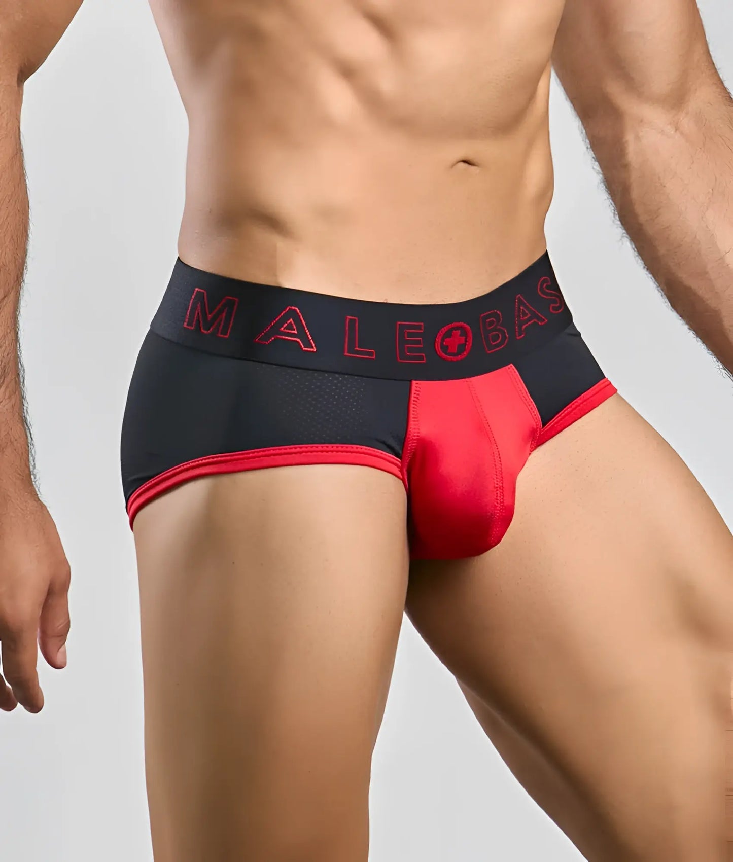 MaleBasics neon brief athletic briefs in black and red with a mesh waistband featuring malebase logo in red lettering