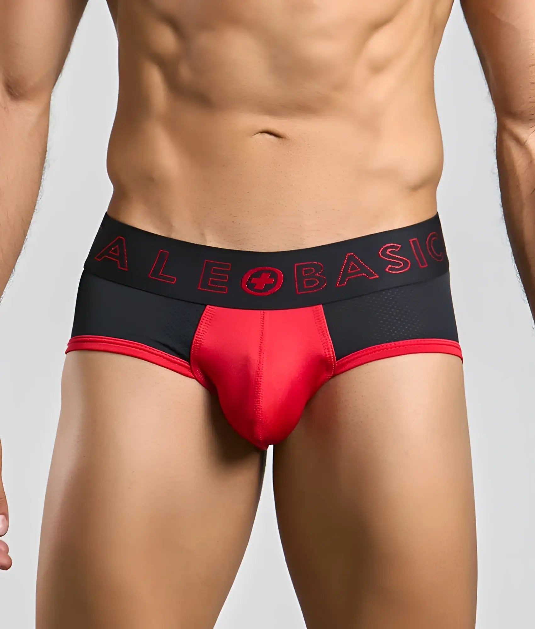 MaleBasics neon brief red and black athletic briefs with mesh waistband and alebasic logo in red lettering