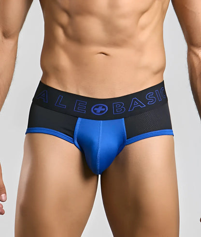 Malebasics neon brief blue and black athletic briefs with mesh panel and ale basic logo on waistband front view