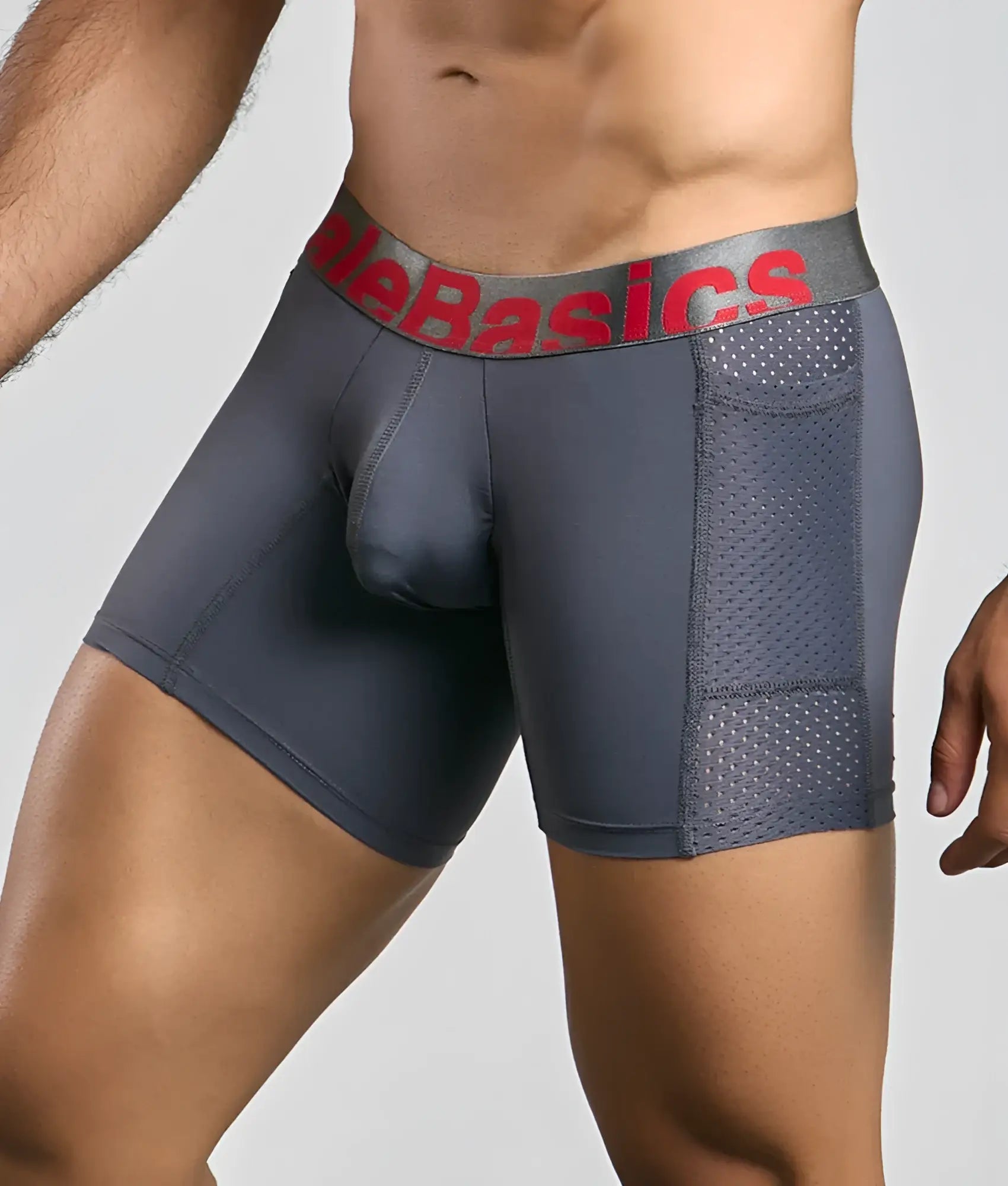 Gray malebasics titanium pocket boxer briefs with red alebasics logo waistband and breathable mesh paneling