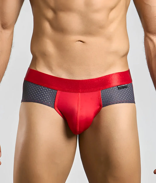 Malebasics spot brief red athletic briefs with satin waistband and gray dotted mesh panels for active wear