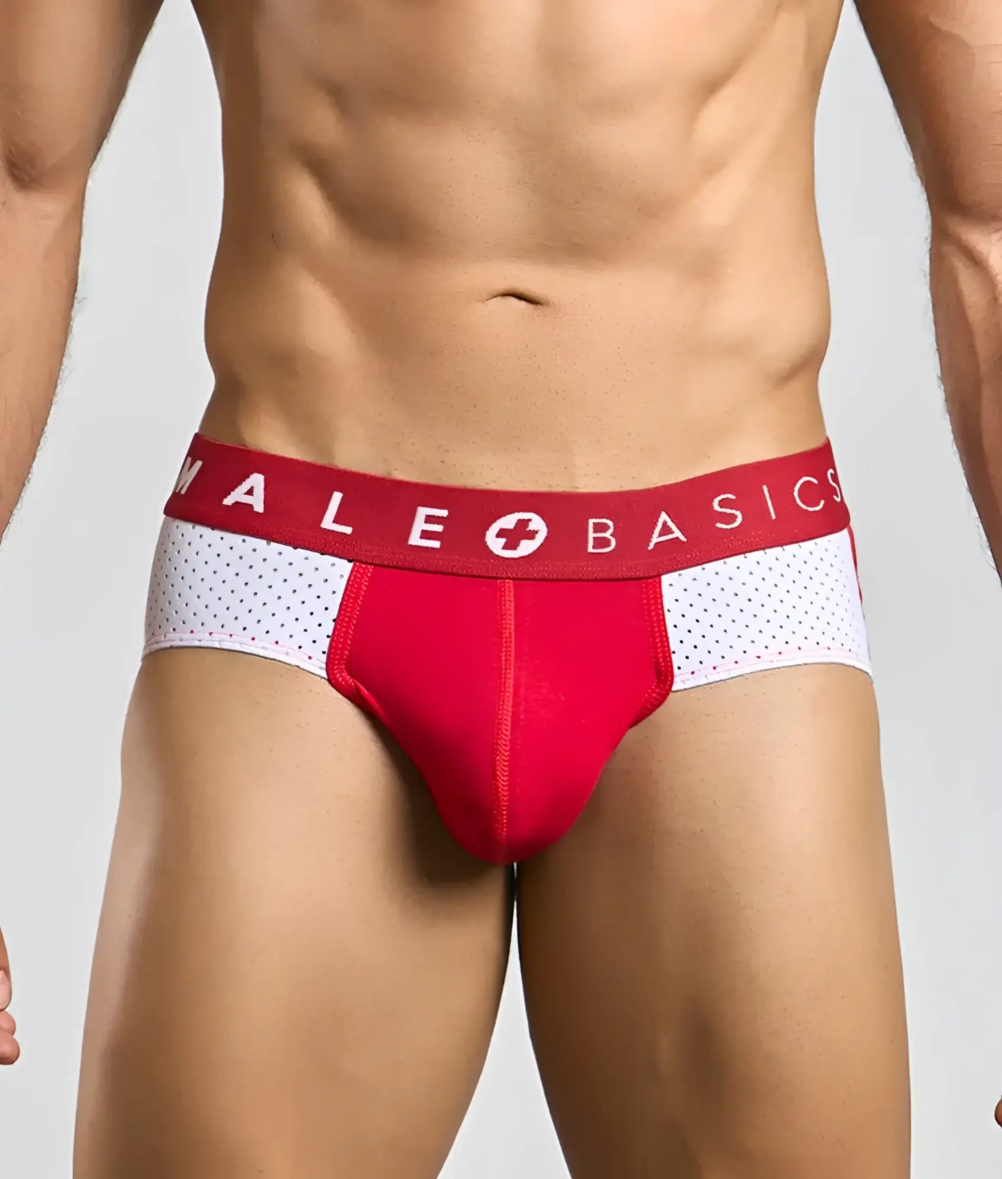 Red and white malebasics spot brief with perforated breathable fabric for comfortable everyday wear