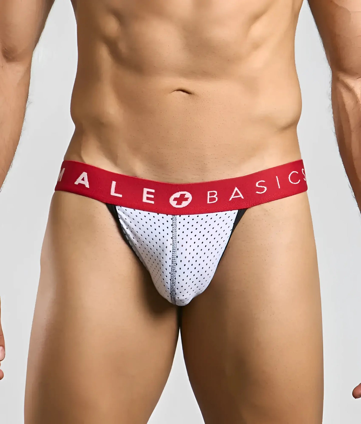 Malebasics Spot jockstrap white with white mesh briefs and red waistband featuring male basics logo and white cross