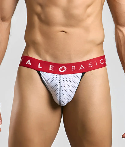 Malebasics Spot jockstrap white with white mesh briefs and red waistband featuring male basics logo and white cross