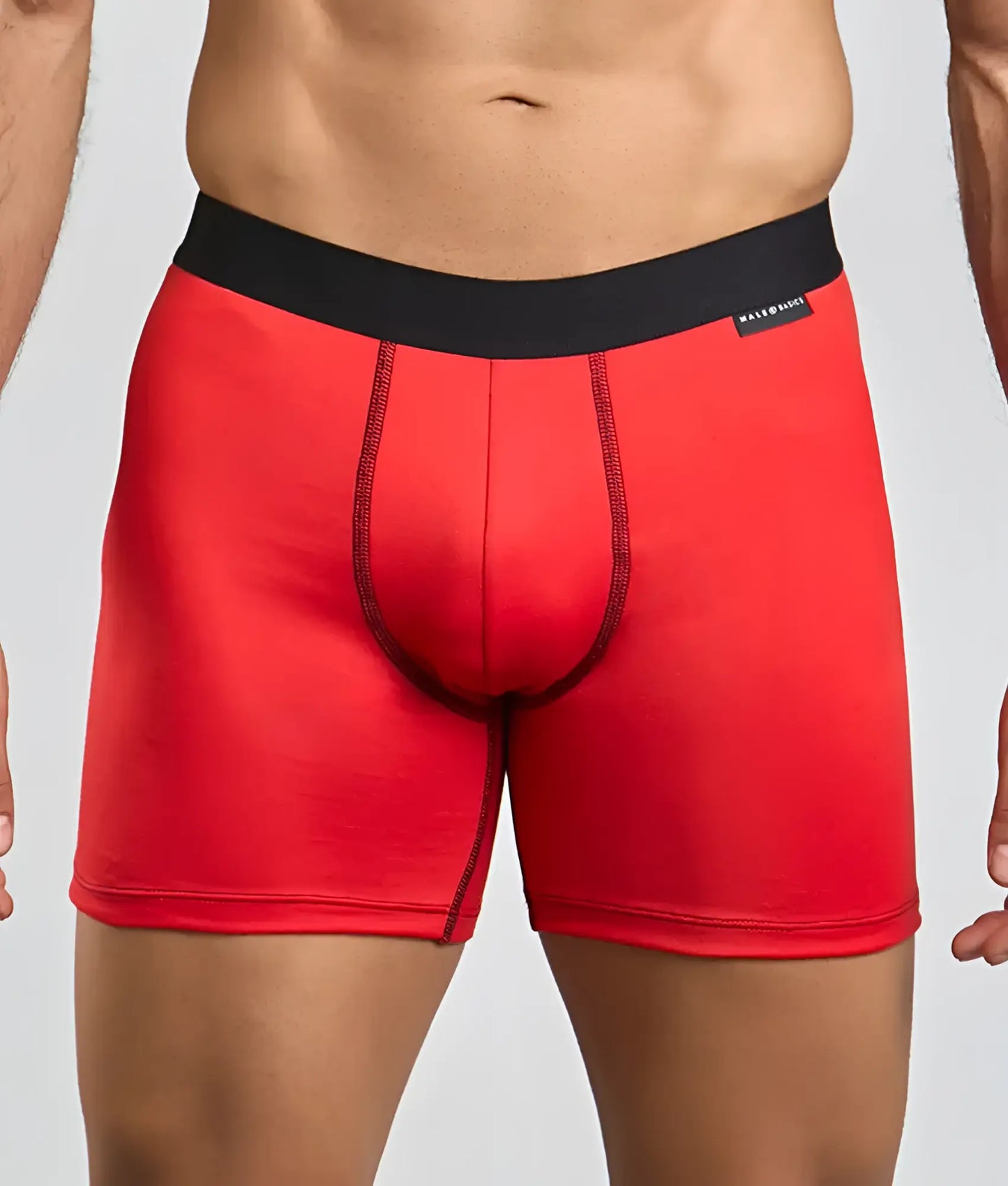 Malebasics classic tripack red men’s boxer briefs with black elastic waistband and subtle stitching details
