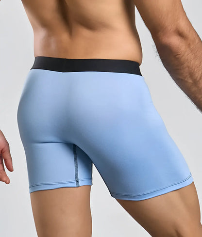 Light blue men’s boxer briefs with black elastic waistband from Malebasics classic tripack in soft cotton blend