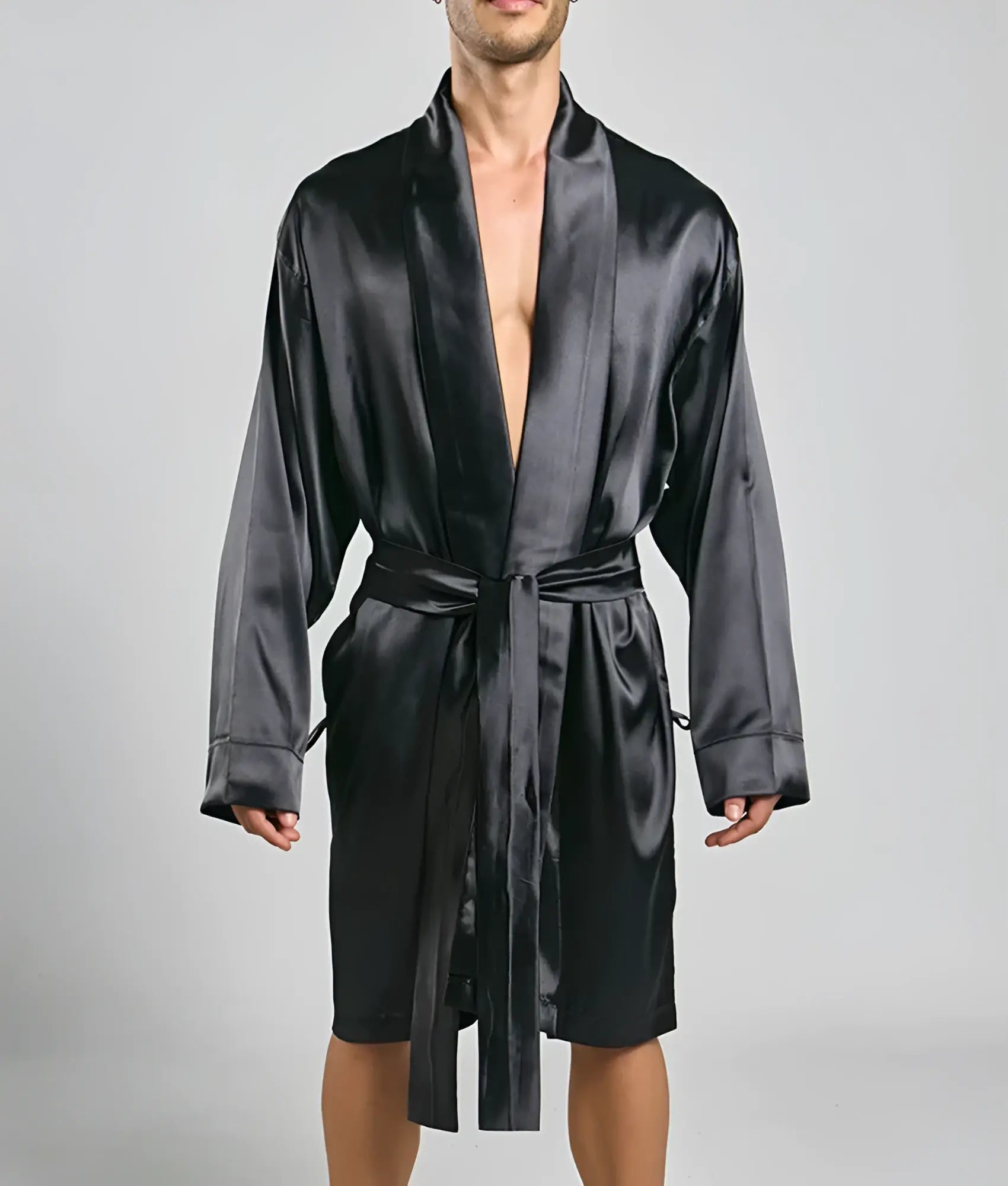 Black satin robe with a sleek glossy finish and matching belt from Malebasics robe satin collection