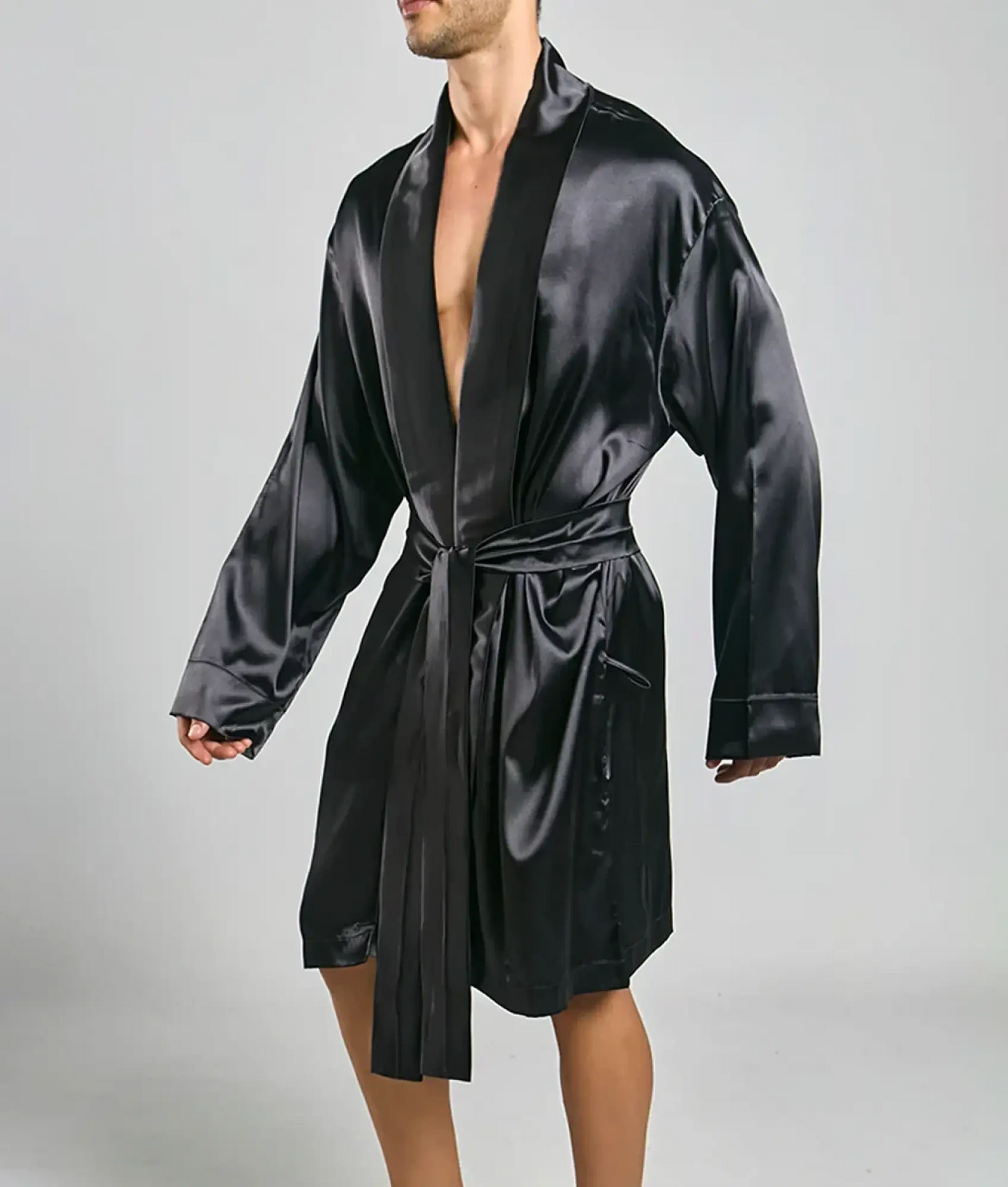 Black satin robe with sleek glossy finish and matching belt from Malebasics designed for comfortable wear