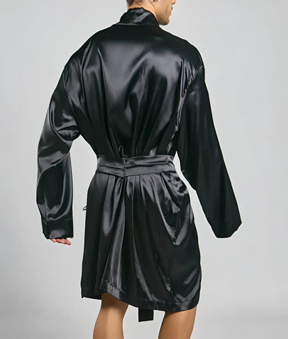 Black satin robe with belted waist and long sleeves from Malebasics shown from the back side