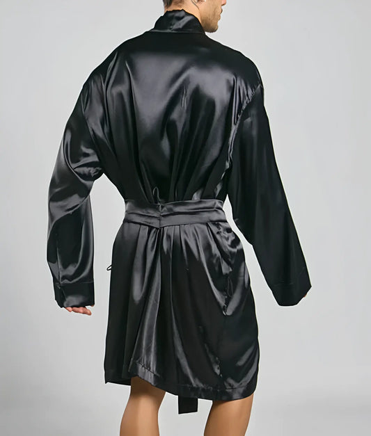 Black satin robe with belted waist and long sleeves from Malebasics shown from the back side