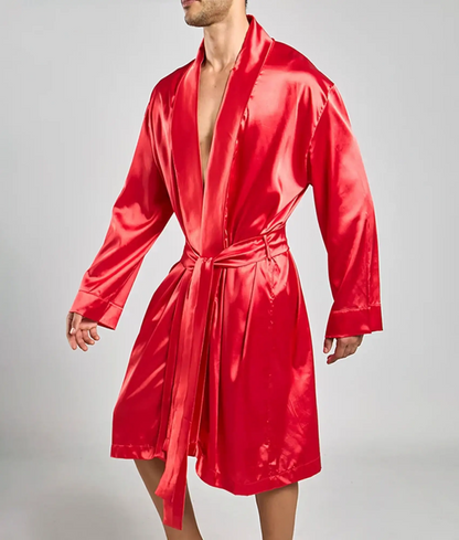 Malebasics robe satin in vibrant red satin with long sleeves and a classic wrap design with matching belt