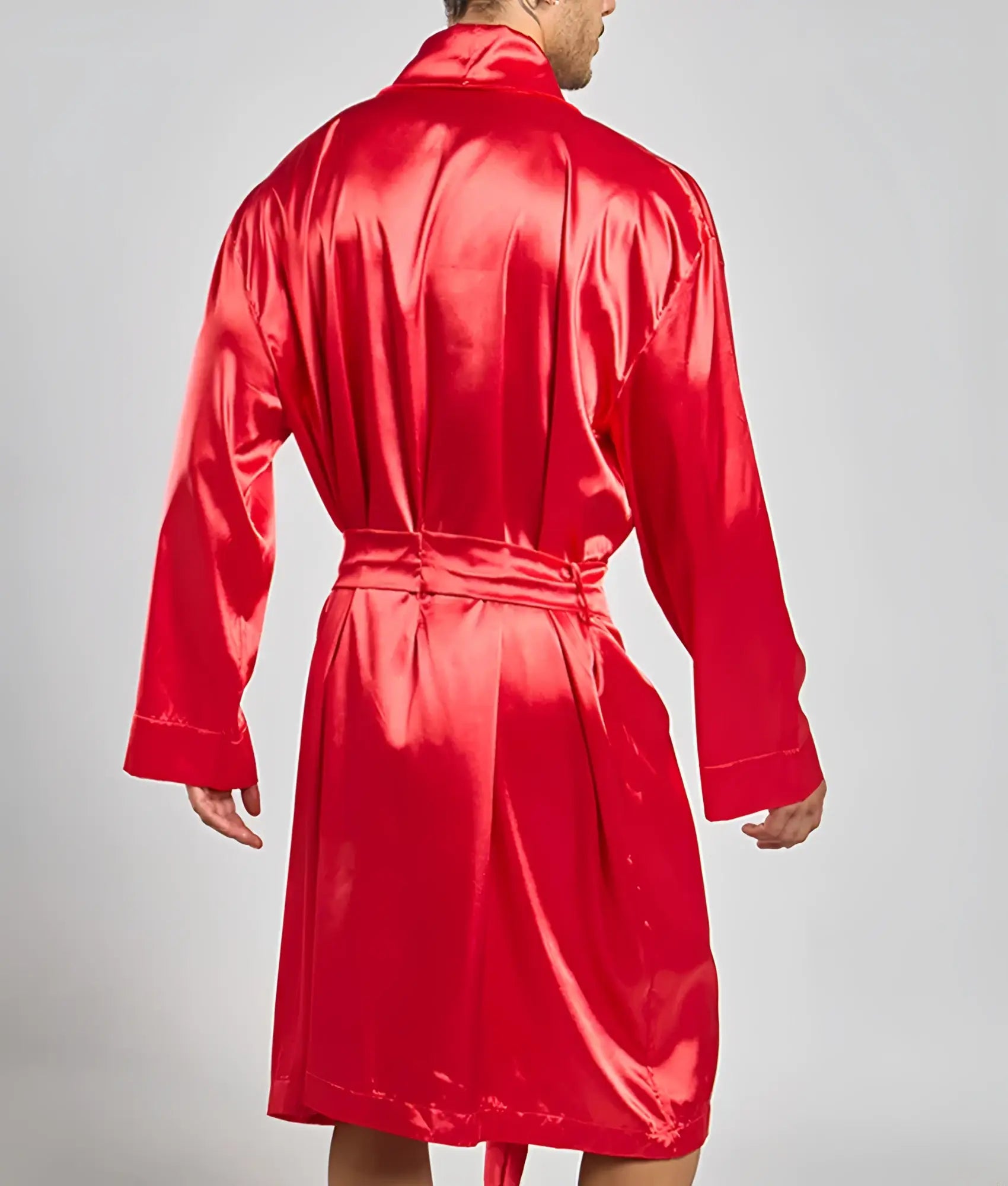 A vibrant red satin robe from Malebasics featuring a high collar and matching belt for stylish comfort