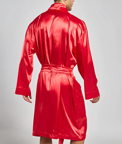 A vibrant red satin robe from Malebasics featuring a high collar and matching belt for stylish comfort