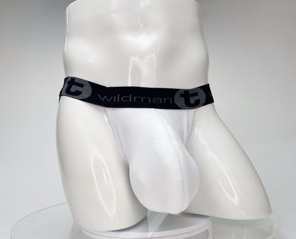 White WildmanT cotton jockstrap with a contoured front pouch and black elastic waistband featuring the brand logo.