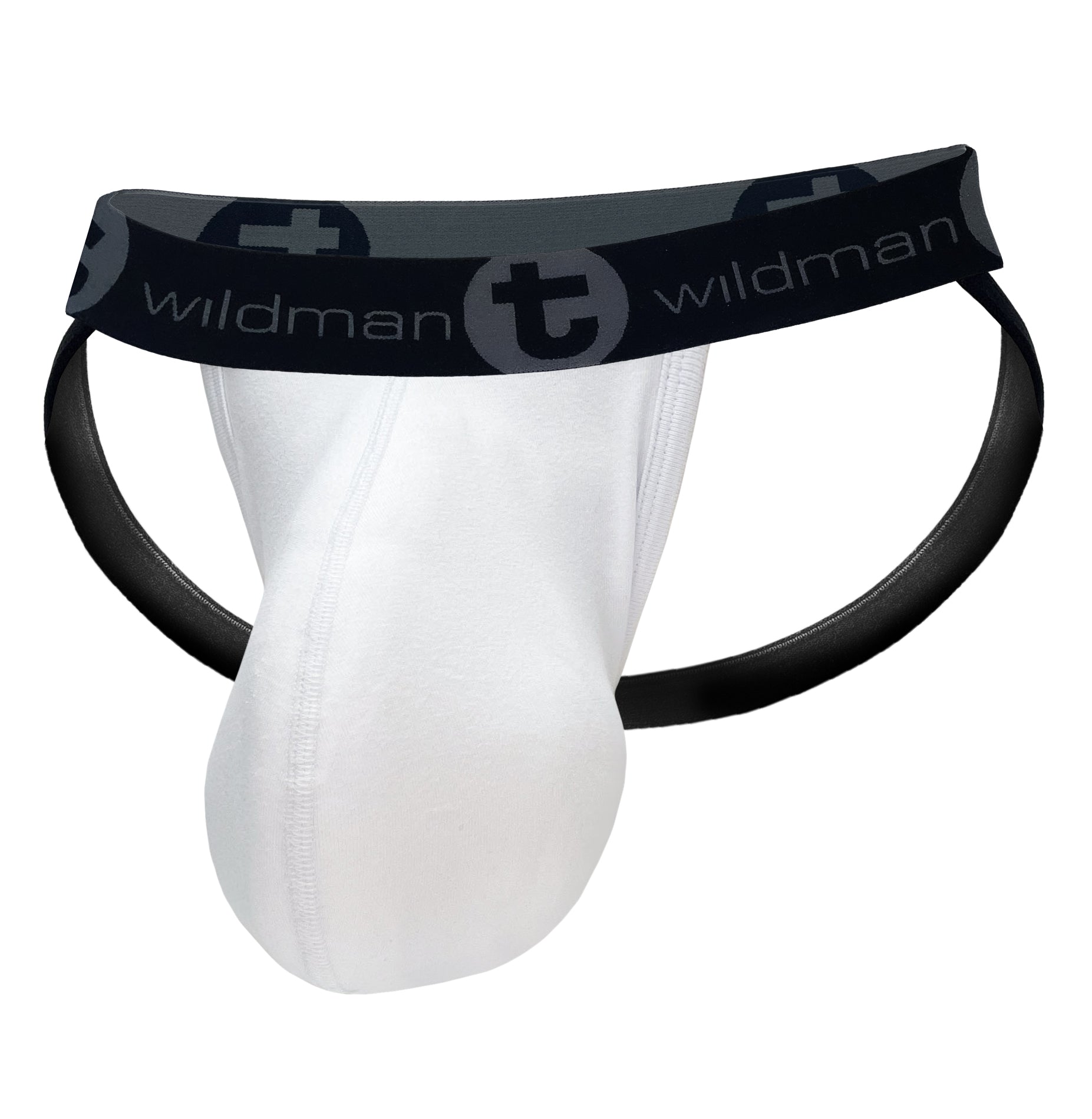 White WildmanT cotton jockstrap with a contoured front pouch and black elastic waistband featuring logo branding.