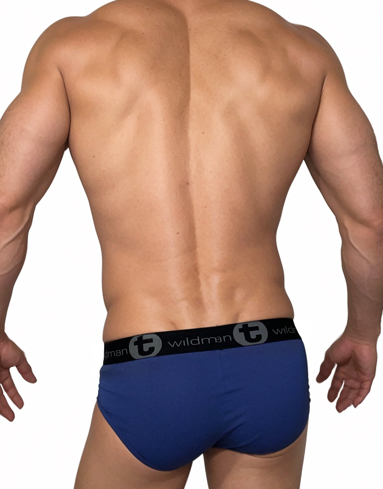 Rear view of a muscular man wearing blue WildmanT briefs with a black branded waistband featuring the "t" logo.