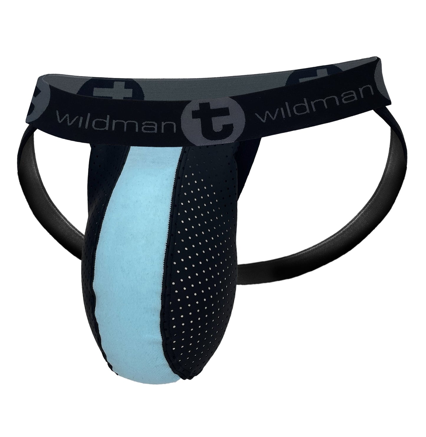 WildmanT baby blue and black perforated jockstrap with a branded elastic waistband on a white background.