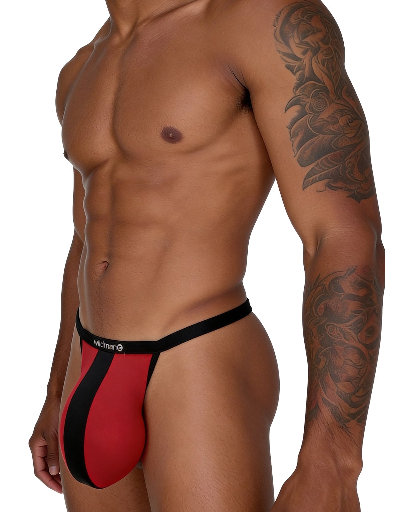 Black and red mesh thong with a vertical stripe design and WildmanT branded waistband worn by a muscular model.