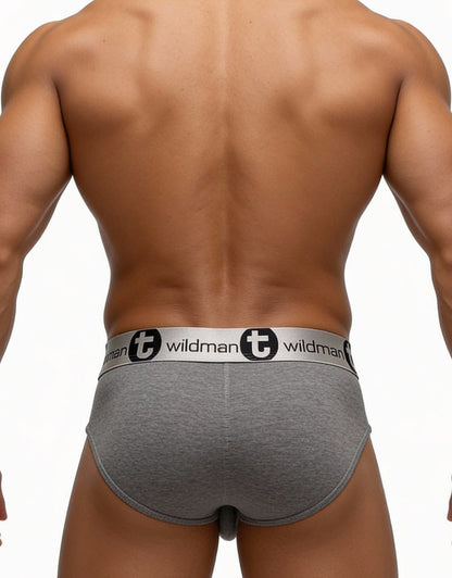 Rear view of muscular man wearing gray WildmanT modal briefs with branded silver waistband.