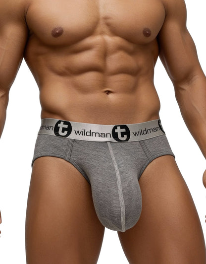 Gray modal brief with a contoured pouch, contrast stitching, and an elastic waistband featuring the WildmanT logo.