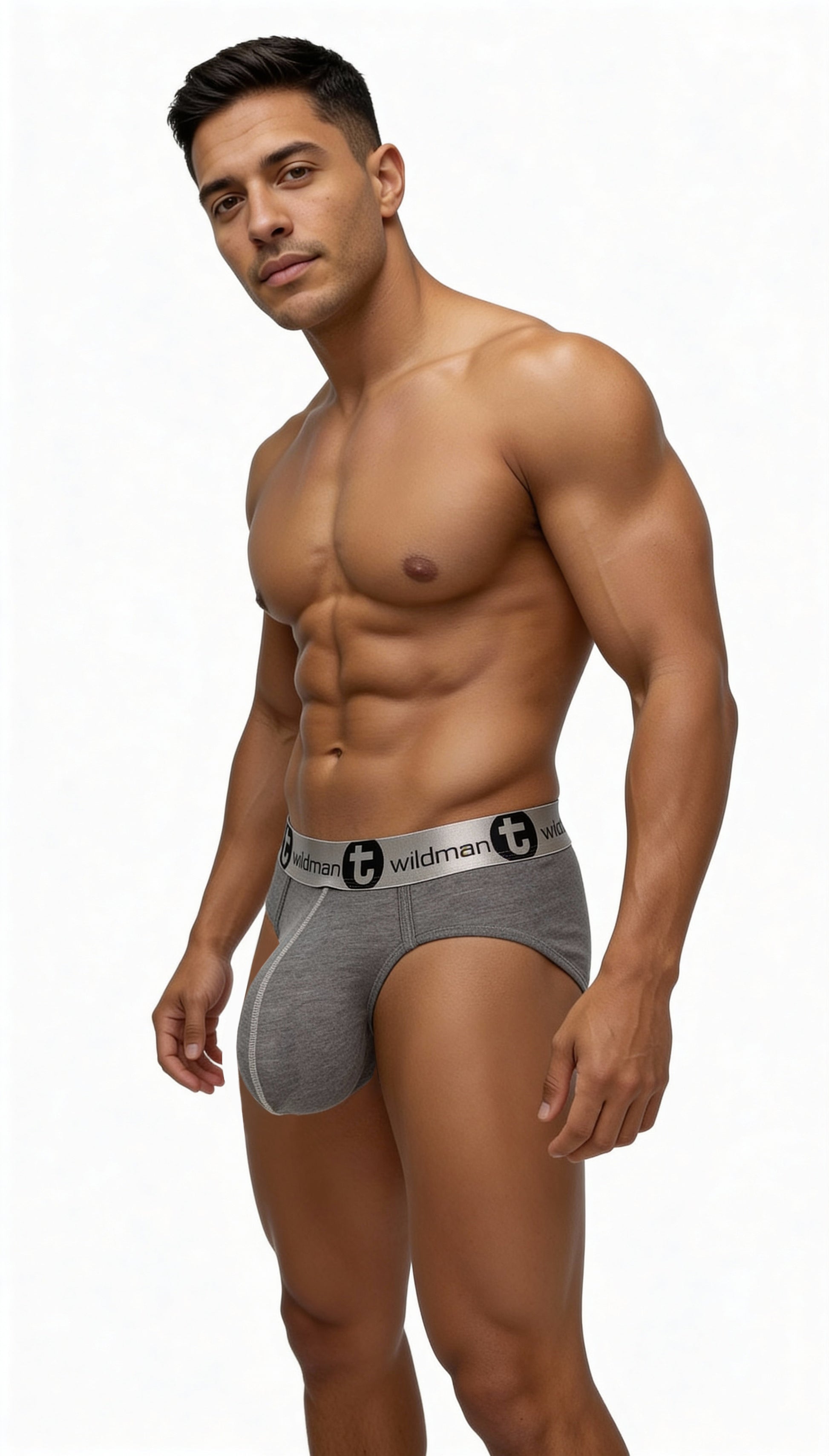 Gray modal brief with a prominent pouch, featuring a thick elastic waistband with "WildmanT" logo branding.