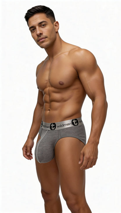 Gray modal brief with a prominent pouch, featuring a thick elastic waistband with "WildmanT" logo branding.