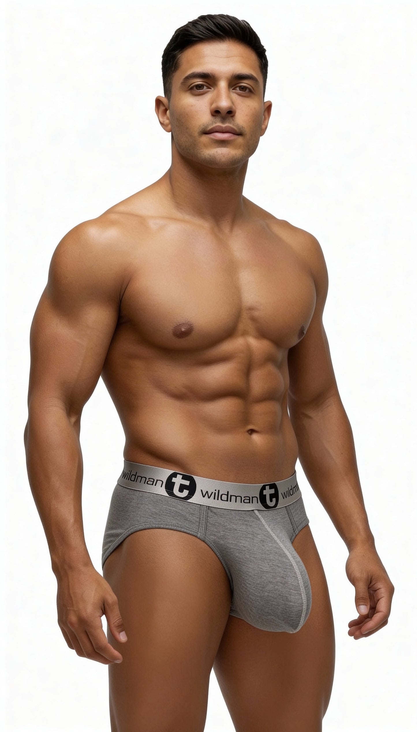 Gray modal menâ€™s brief with a contoured pouch and branded elastic waistband, worn by a muscular man.