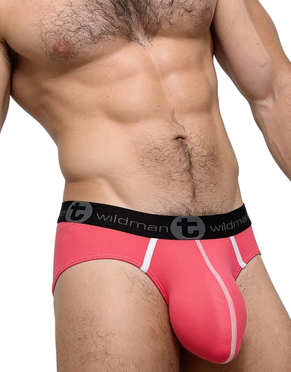 Pink modal men's brief with a contrasting waistband featuring the WildmanT logo designed for comfort and support