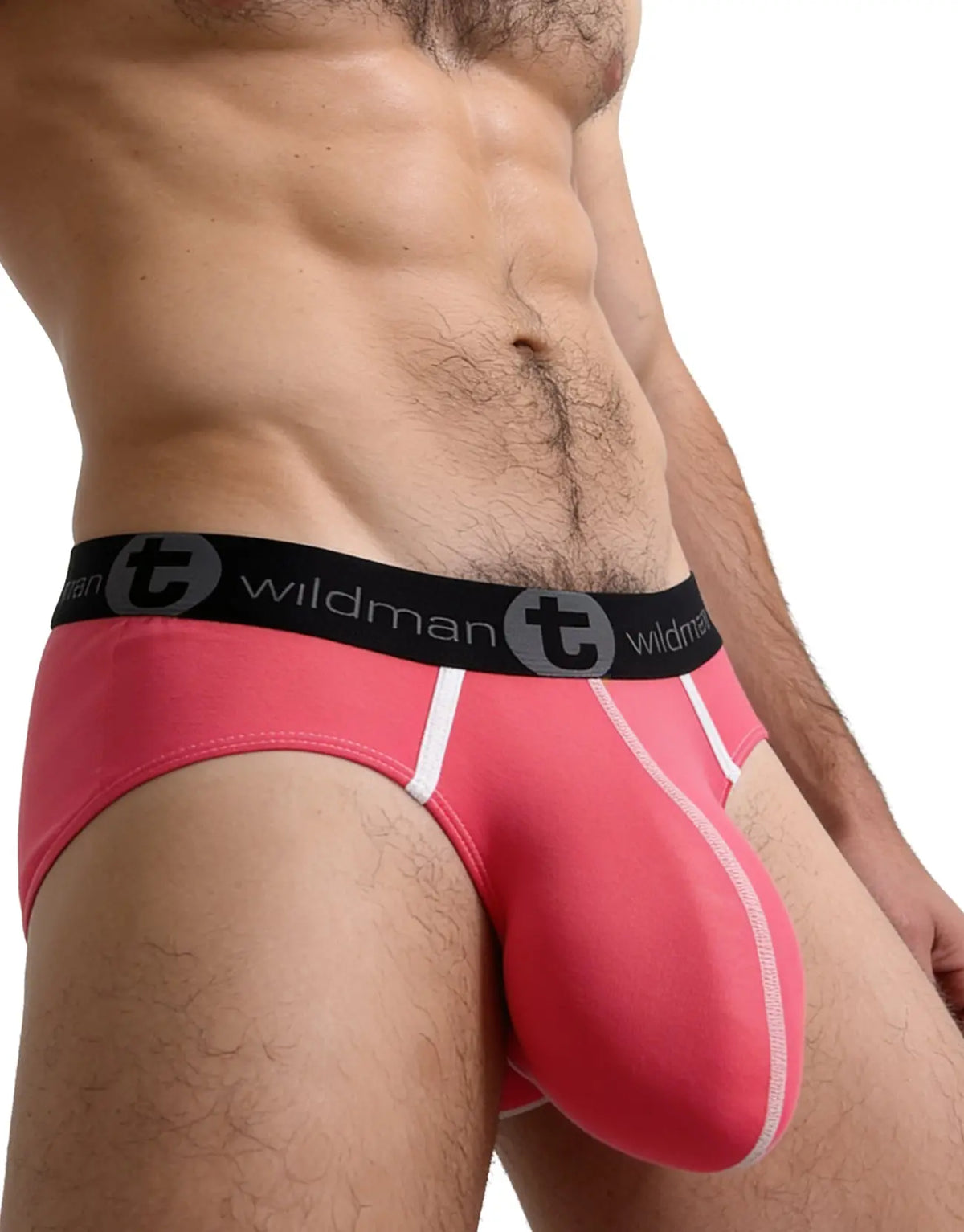 Pink modal brief with a snug fit featuring a black waistband with the WildmanT logo shown on a model