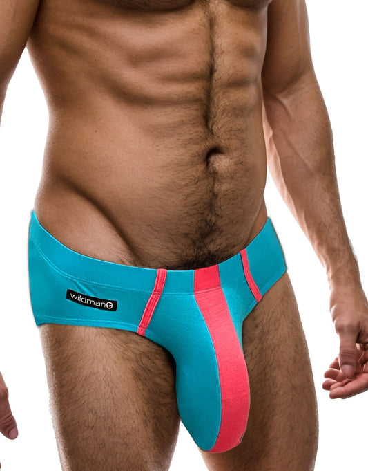 Baby blue modal brief with neon pink vertical center stripe and trim, featuring a WildmanT logo tag on the hip.
