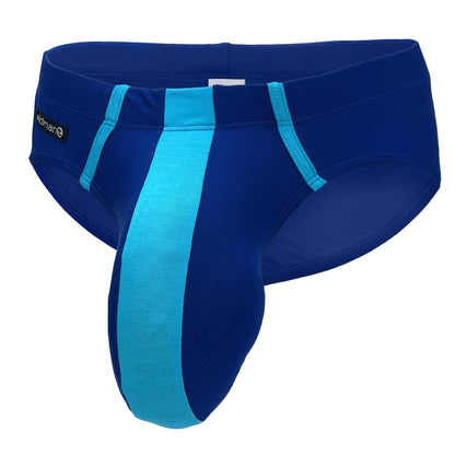 Royal blue modal brief with a prominent baby blue front panel, side piping, and a small WildmanT brand tag.