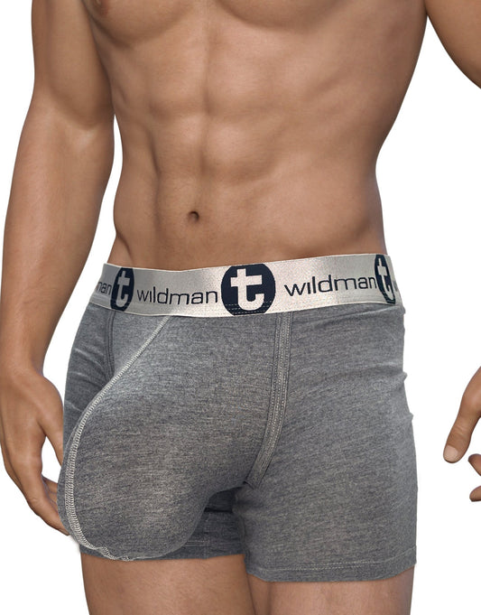Gray 5-inch inseam modal boxer briefs featuring a WildmanT branded silver waistband and contoured pouch.