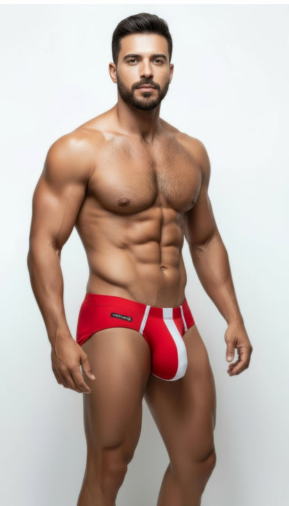 Red mesh briefs with a contoured pouch, featuring white vertical side detailing and a side logo on a muscular model.