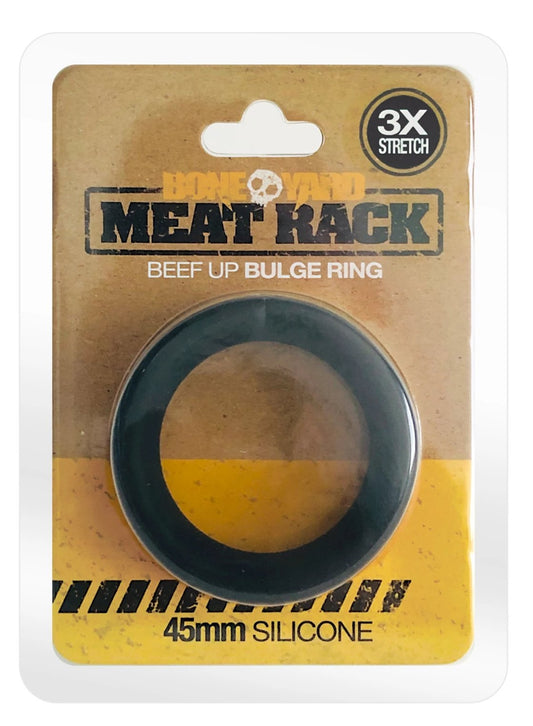Black 45mm silicone meat rack ring with bold circular design and 3x stretch branding on packaging