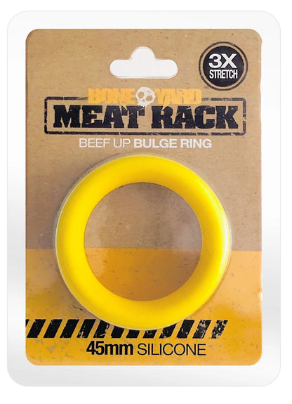 Bright yellow 45mm silicone ring with bold meat rack branding and skull logo on packaging for active wear