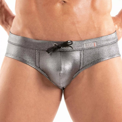 Metal swim brief silver shiny textured swim trunks with black drawstring tie front view