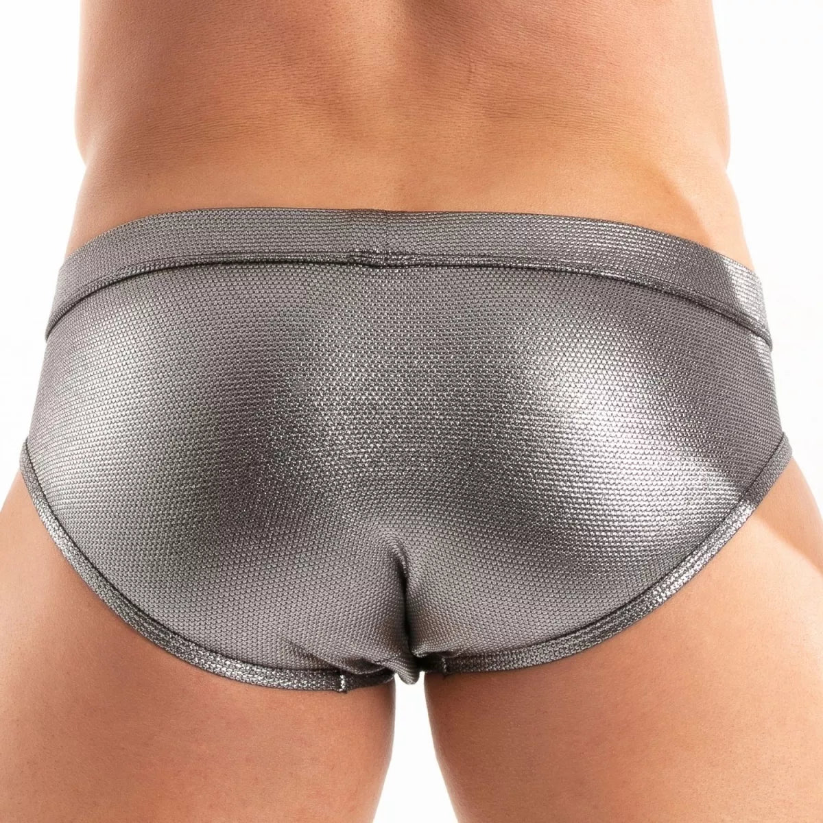 Silver metallic mesh swim briefs with a textured shimmering finish designed for stylish swimwear use