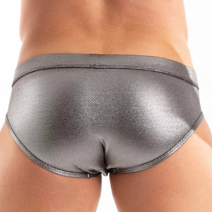 Silver metallic mesh swim briefs with a textured shimmering finish designed for stylish swimwear use