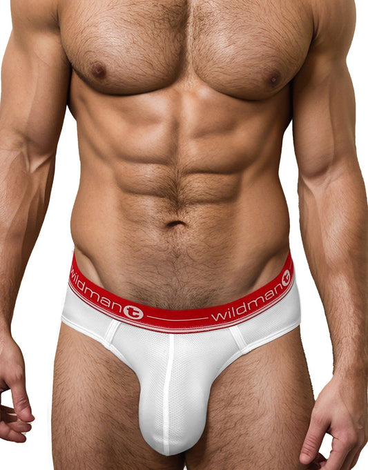 White mesh pouch briefs with a red elastic waistband featuring "wildman" text and logo, worn on a muscular torso.