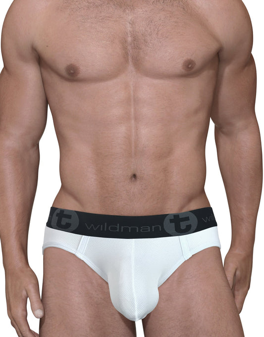 White mesh brief with a prominent pouch, featuring a black waistband with the "WildmanT" logo.