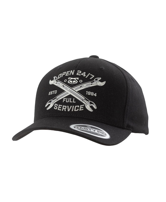 Black nasty pig mechanic cap with white embroidered crossed wrenches logo open 24/7 estd full service 1984