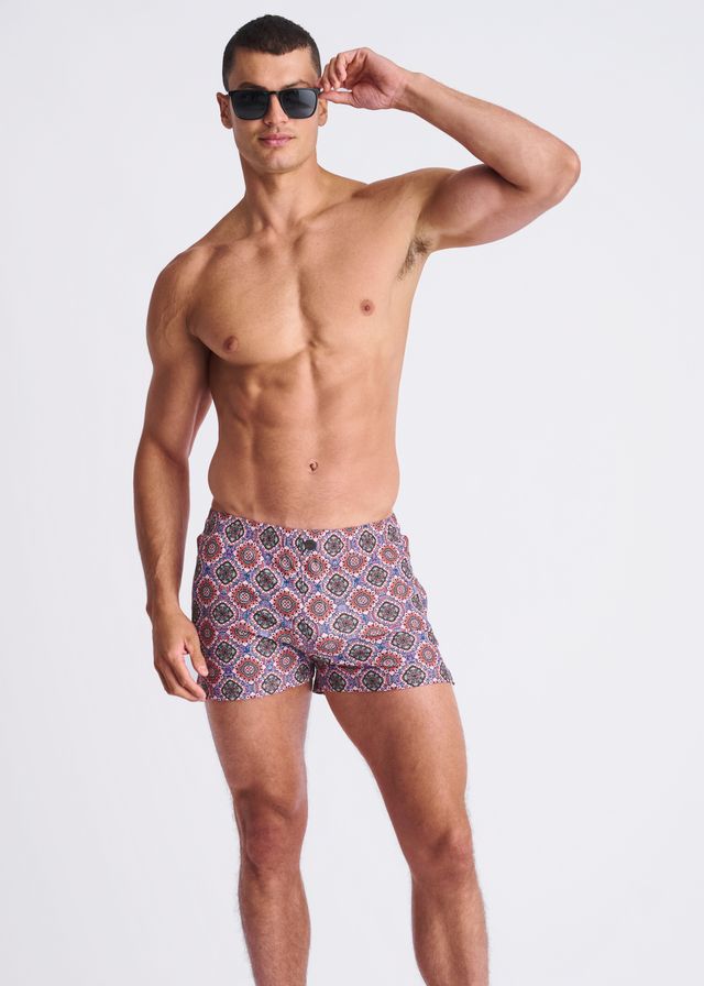 Medallions seersucker swim shorts with mesh lining in burgundy navy blue and cream featuring an intricate geometric design