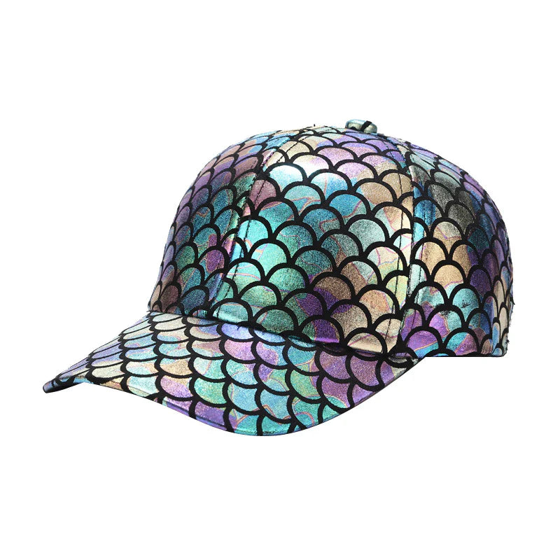 A shimmering iridescent merman cap baseball hat with teal purple and gold mermaid scale pattern