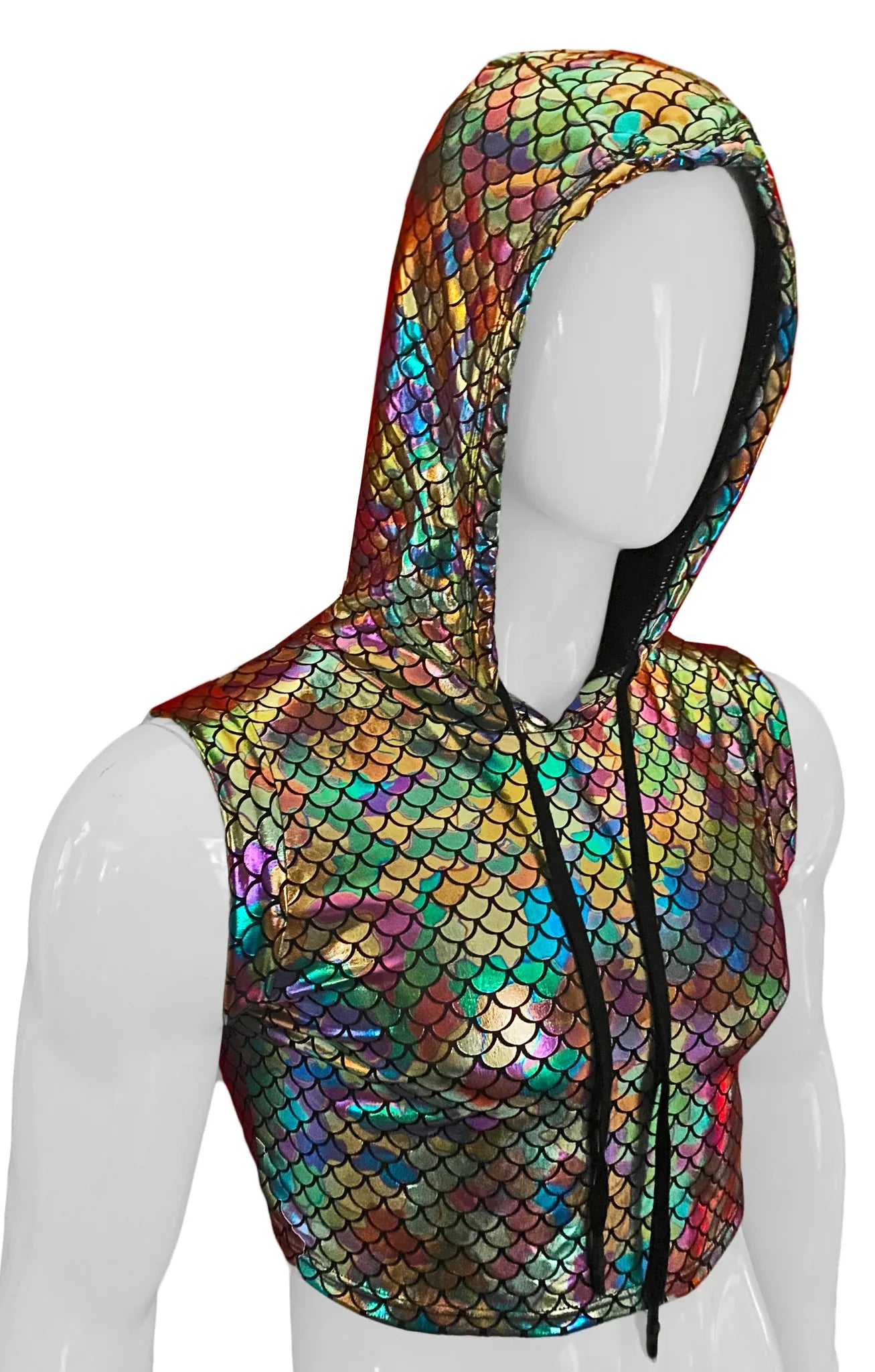 Merman hooded crop tank with shimmering iridescent rainbow scale pattern and black drawstrings