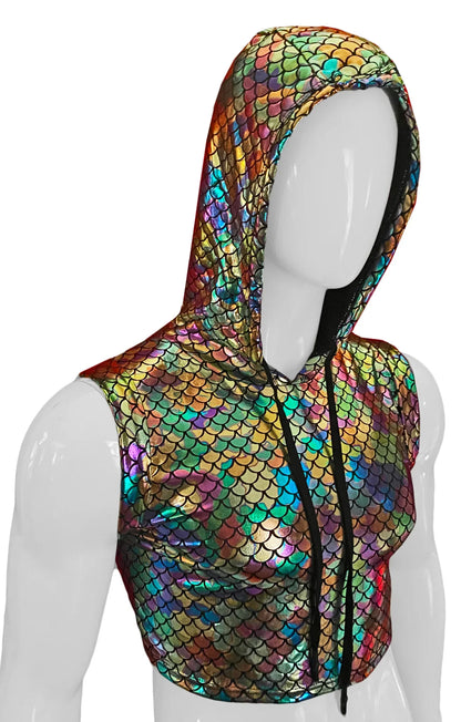 Merman hooded crop tank with shimmering iridescent rainbow scale pattern and black drawstrings