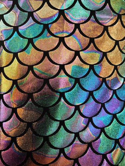 Merman hooded crop tank in iridescent mermaid scale fabric with black outlines for beach and casual wear