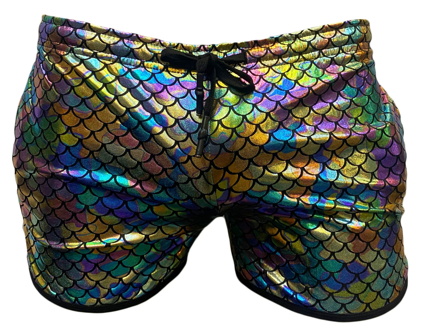 Merman short iridescent mermaid-scale swim trunks with holographic finish and black drawstring waistband