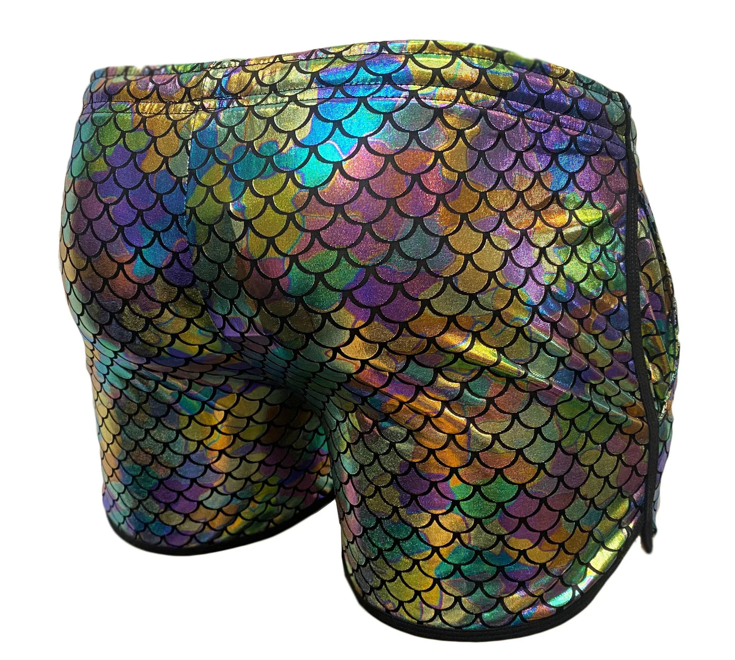 Merman short iridescent mermaid-scale swim trunks with shiny multicolor finish for beach and pool use