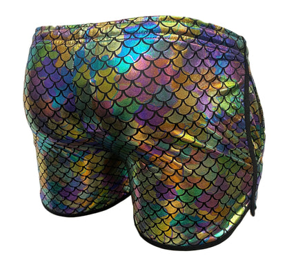 Merman short iridescent mermaid-scale swim trunks with shiny multicolor finish for beach and pool use