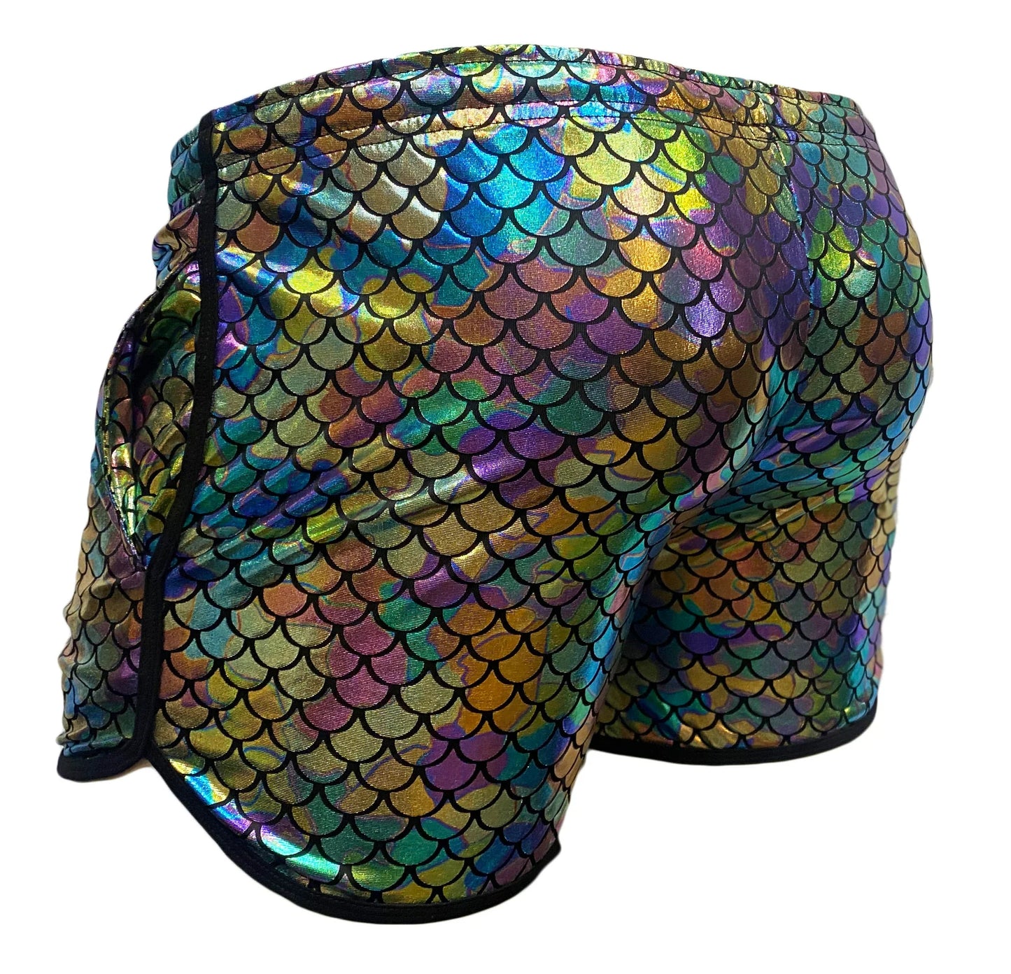 Merman short iridescent mermaid scale patterned shorts with black trim showing front side
